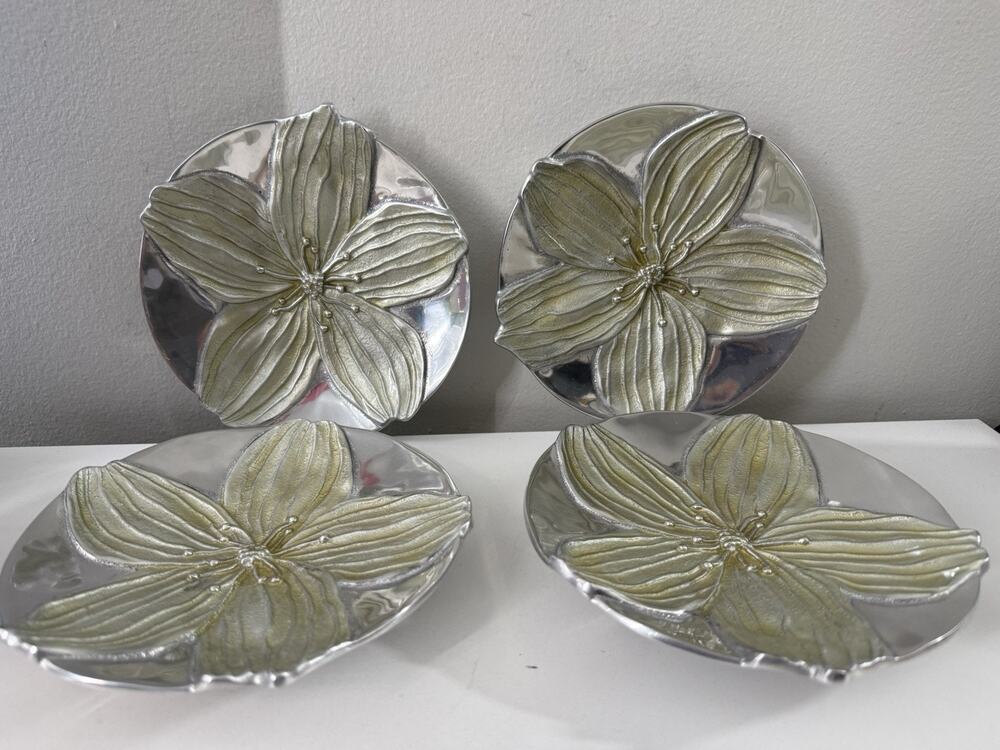 Mariposa Set of 4 Floral Plates 7” Made in Mexico Silver Tone Trinket Dishes